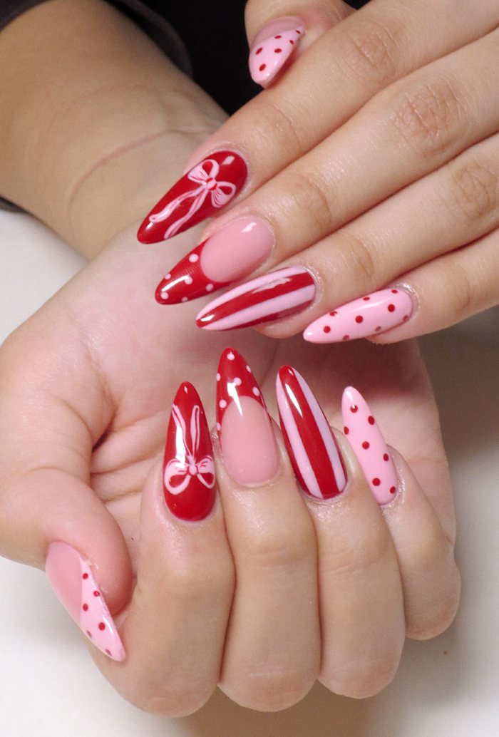 Playful Pink and Red Mix: Bows, Stripes, Dots Playful Pink and Red Mix: Bows, Stripes, Dots — Pink and Red Nails 2027