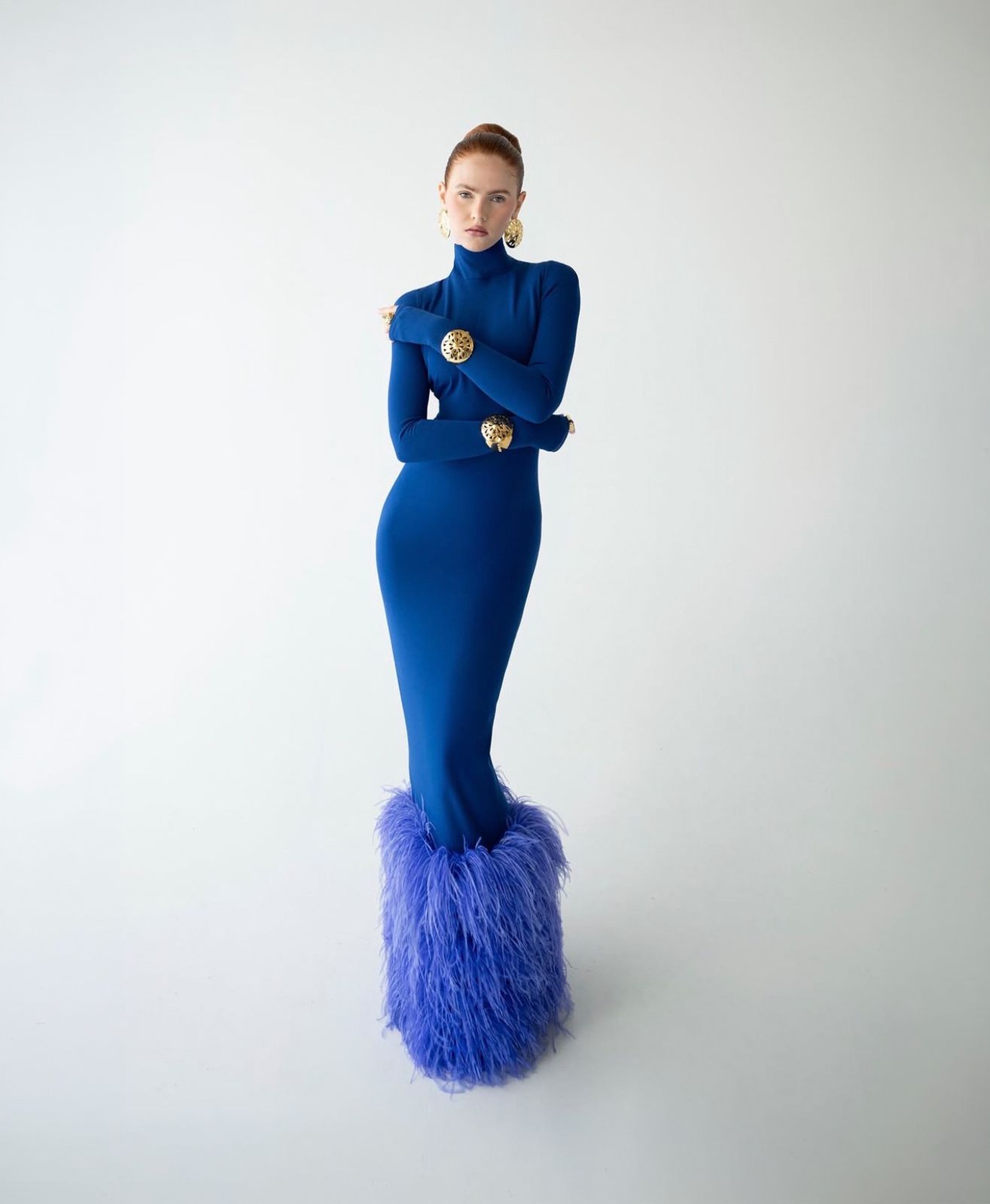 Royal Blue Fitted Maxi Dress with Dramatic Purple Feather Hem Royal Blue Fitted Maxi Dress with Dramatic Purple Feather Hem — Feather Outfits 2027