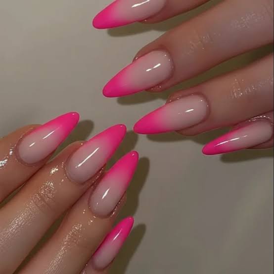 Glossy Sheer Nude to Hot Pink French Ombre Glossy Sheer Nude to Hot Pink French Ombre — Summer Ombre Nails 2027