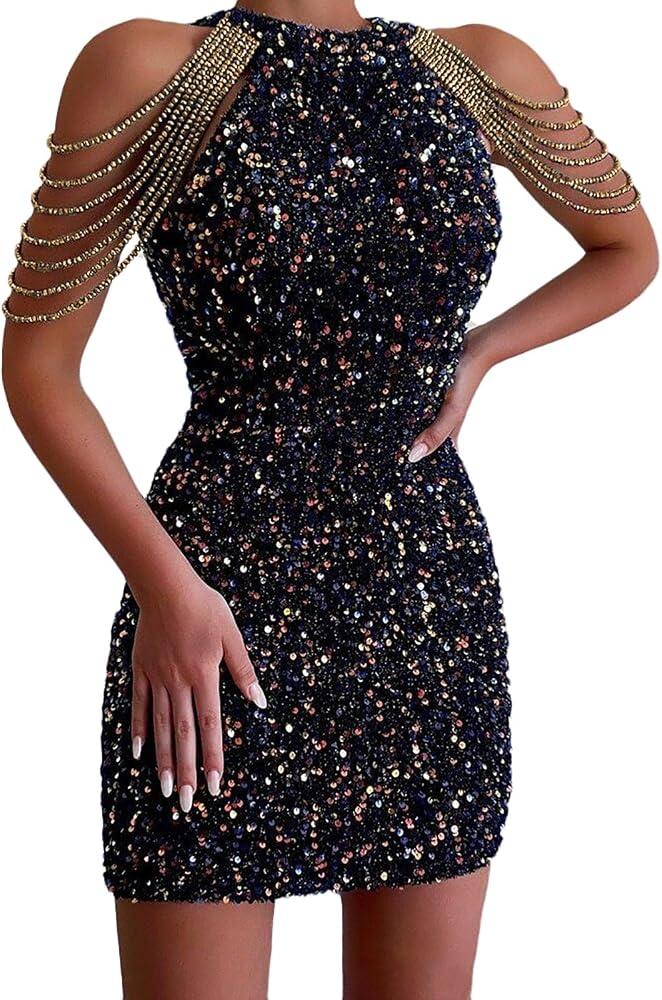 Navy Blue Sequin Mini Dress with Gold Chain Detail — Sequin Dress New Years 2027