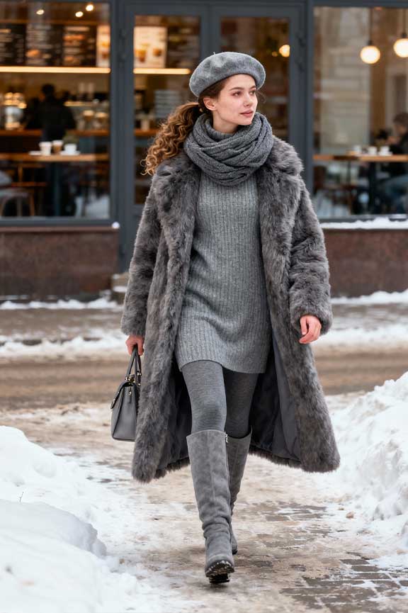 Head-to-Toe Grey Look with Faux Fur Coat and Suede Boots Head-to-Toe Grey Look with Faux Fur Coat and Suede Boots — Winter Grey Outfits 2027