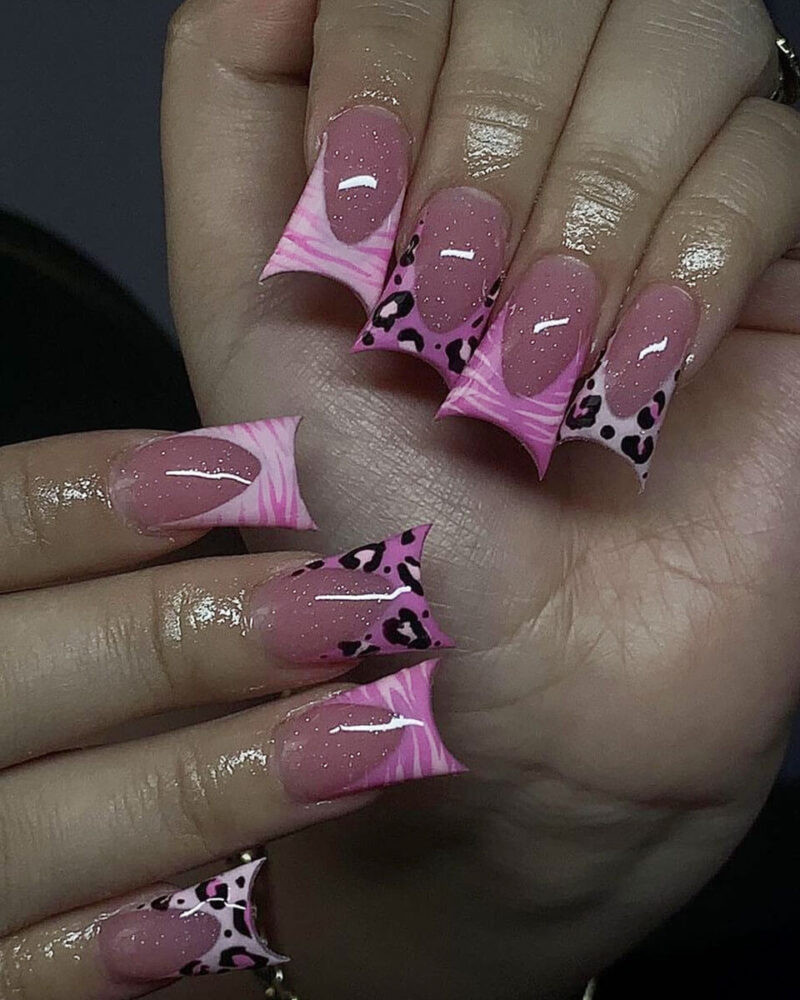 Medium Square Pink French with Leopard Art Medium Square Pink French with Leopard Art — Pink Duck Nails 2027