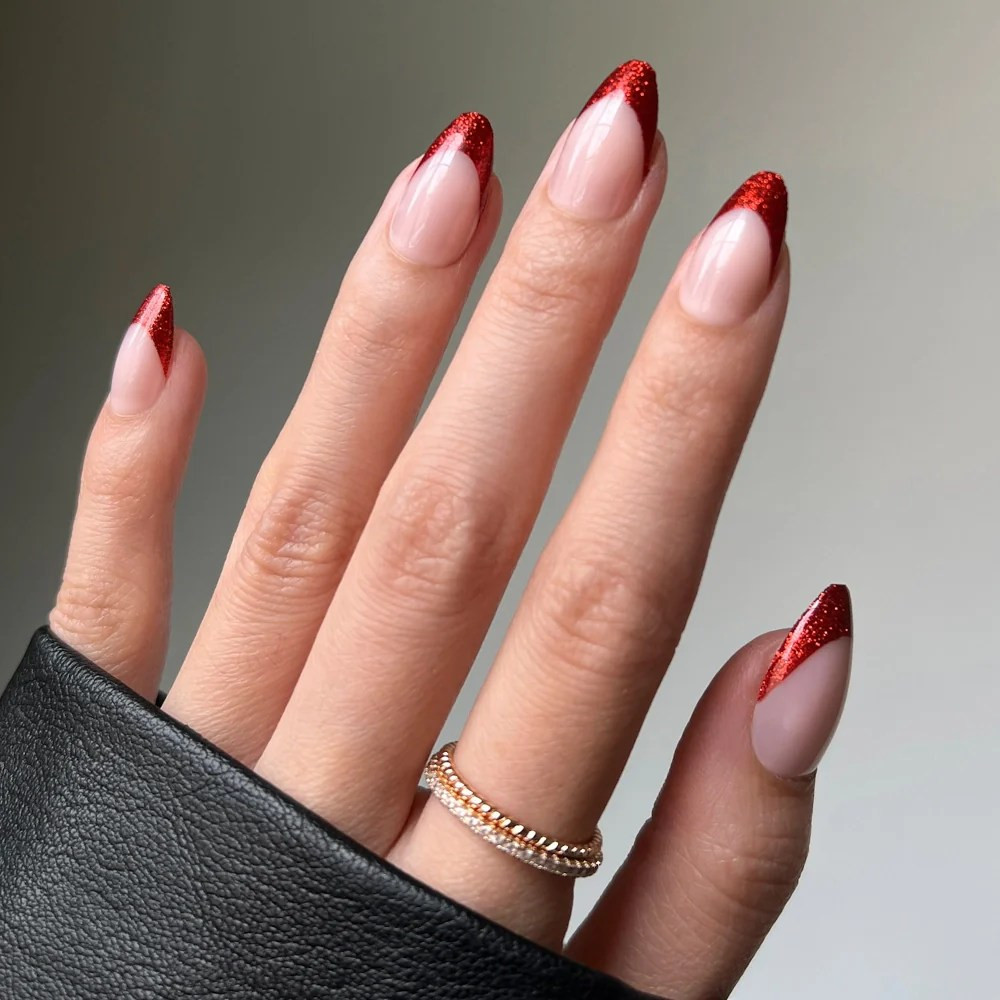 Glossy Dark Red Glitter French Tip Medium Almond Nails Glossy Dark Red Glitter French Tip Medium Almond Nails — Dark Red Nails 2027