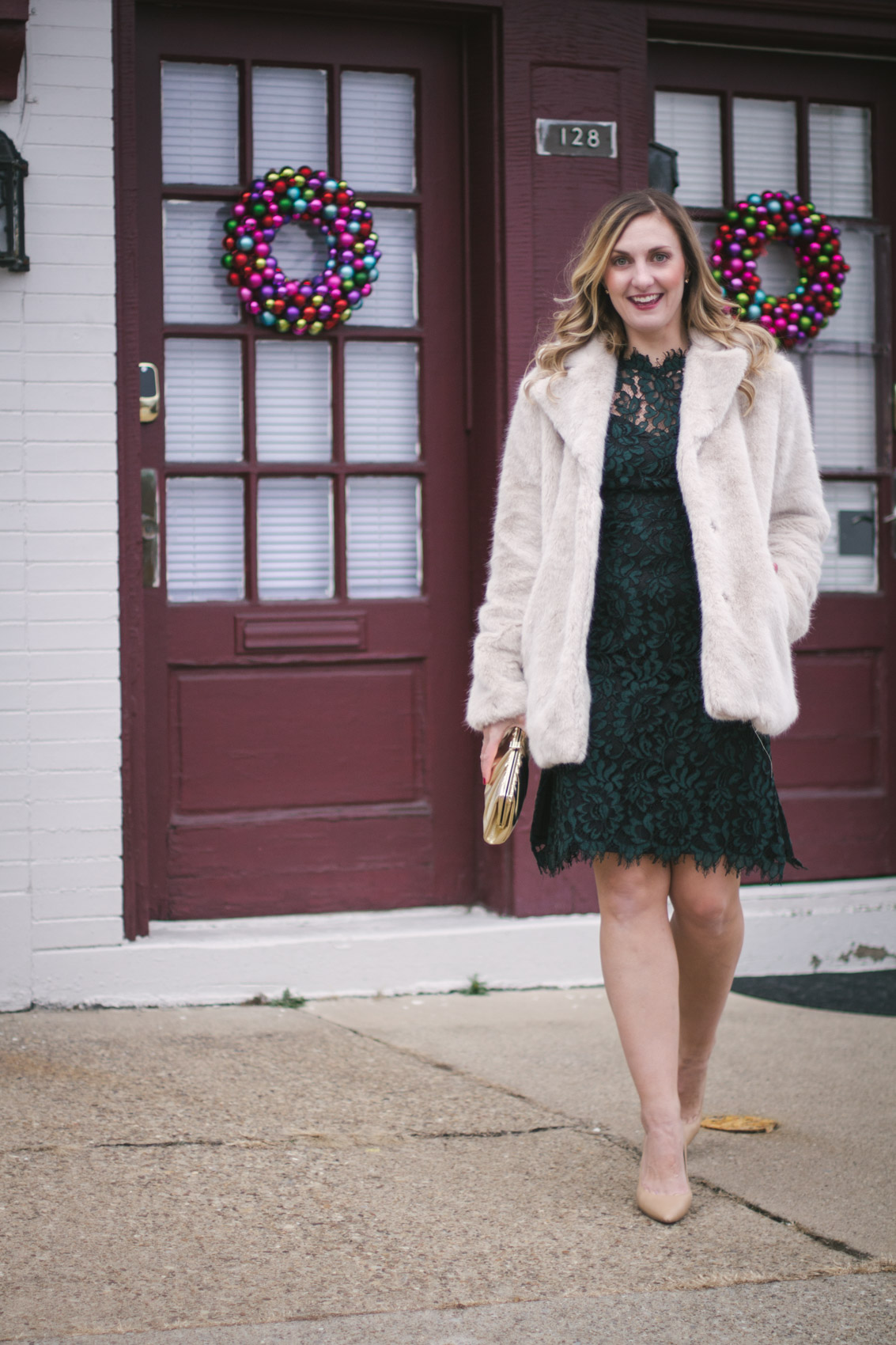 Emerald Green Lace Dress with Faux Fur Coat for Parties — Green Christmas Outfits 2026