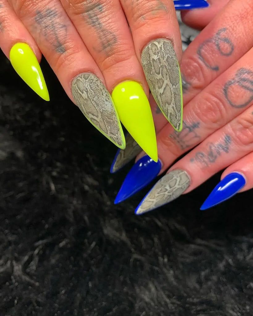 Neon Yellow Snake Print On Accent Nails Visual Idea Neon Yellow Snake Print On Accent Nails Visual Idea — Neon Stiletto Nails 2027