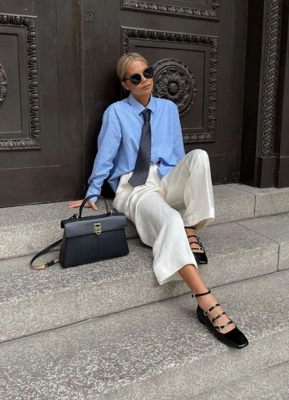 Unexpected Tie with Shirt and Wide-Leg Pants — Pinterest Girl Outfits 2027