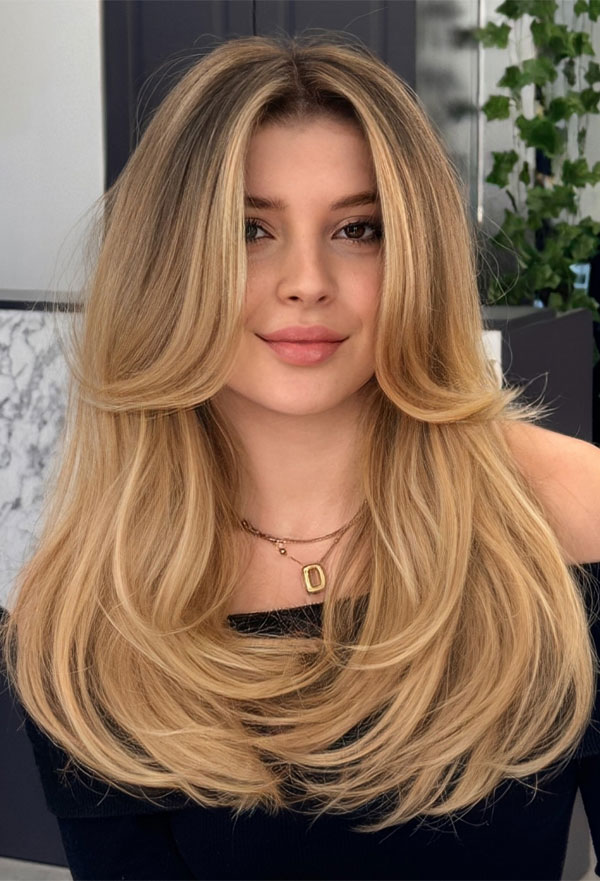 Voluminous Golden Blonde With Curtain Bangs — Warm Blonde Hair 2027