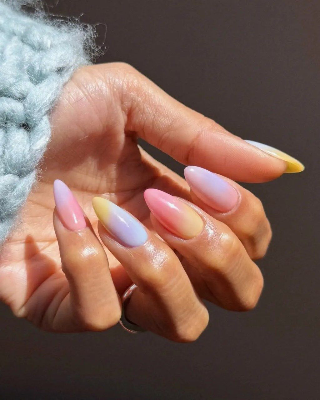 Pink Yellow Lavender Gradient Medium Almond Nails — Pastel Nails 2027 for Brown Skin
