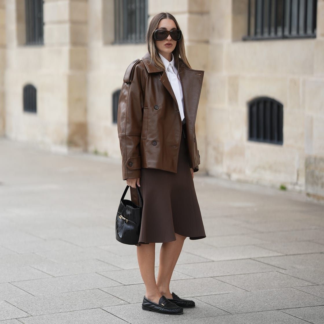 Black Quilted Loafers with Leather Jacket and Midi Skirt Black Quilted Loafers with Leather Jacket and Midi Skirt — Spring Outfits 2027 with Loafers