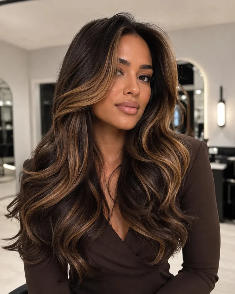 Dark Brown With Bold Caramel Waves Dark Brown With Bold Caramel Waves — Caramel Highlights 2027