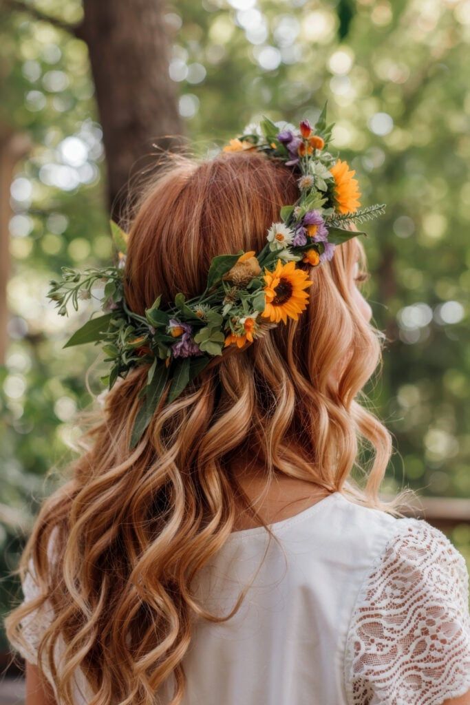 Reddish-Blonde Waves with Sunflower Crown — Flower Crown Hairstyles 2027