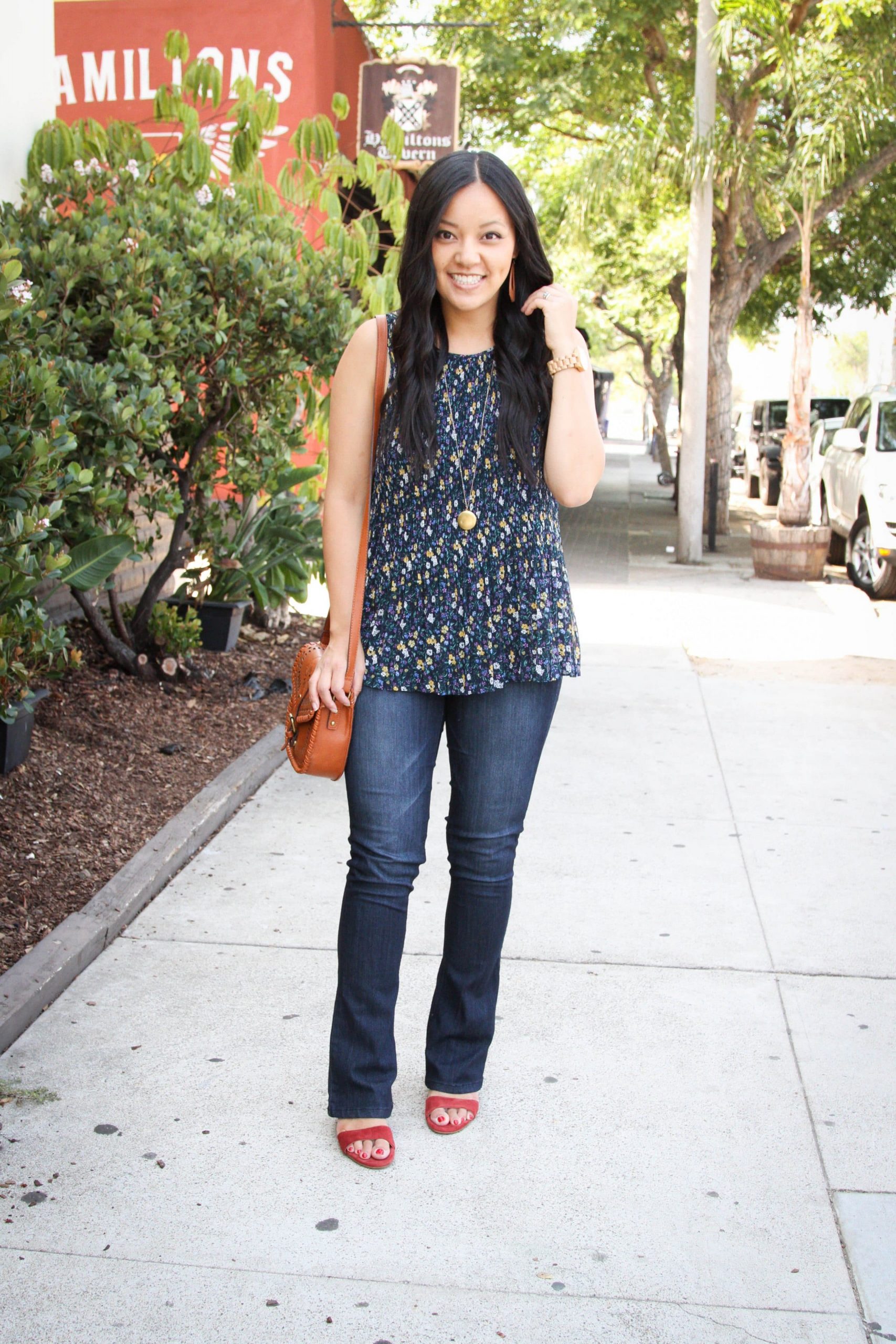 Casual Day Out: Bootcut Jeans with Floral Top and Red Flat Sandals — Bootcut Jeans Outfits 2027 with Sandals