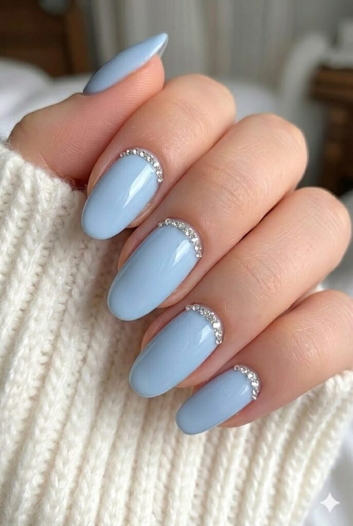 Soft Light Blue with Cuticle Rhinestone Line Soft Light Blue with Cuticle Rhinestone Line — Light Blue Quinceanera Nails 2027