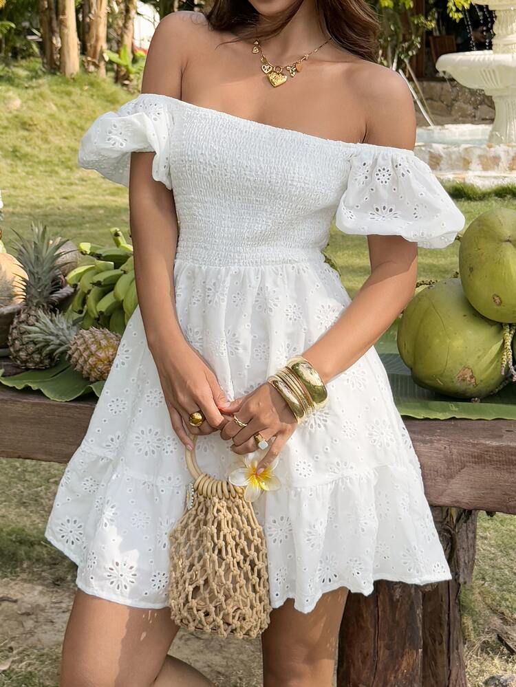 White Eyelet Smocked Milkmaid Mini Dress with Gold Heeled Sandals White Eyelet Smocked Milkmaid Mini Dress with Gold Heeled Sandals — Milkmaid Dresses 2027