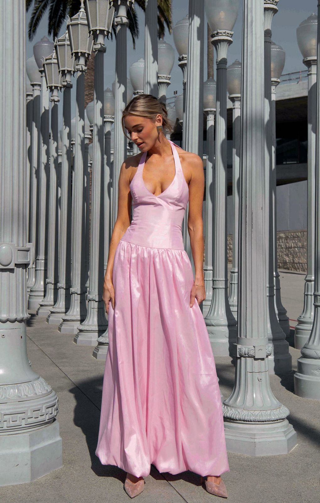 Light Pink Taffeta Halter Maxi Dress with Bubble Hem Light Pink Taffeta Halter Maxi Dress with Bubble Hem — Blush Rehearsal Dinner Dress 2027