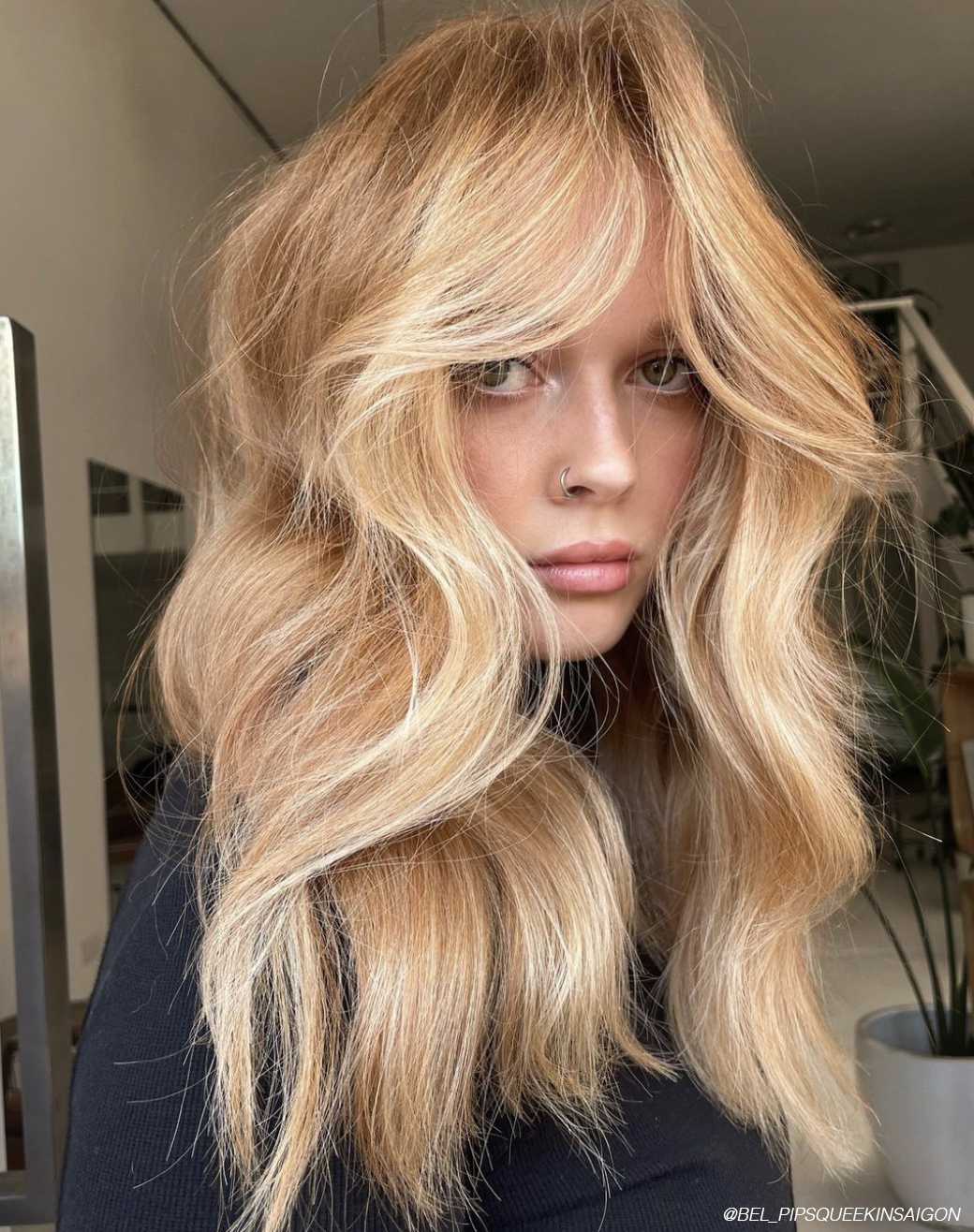 Strawberry Blonde Shag With Face-Framing Layers Strawberry Blonde Shag With Face-Framing Layers — Bardot Bangs 2027