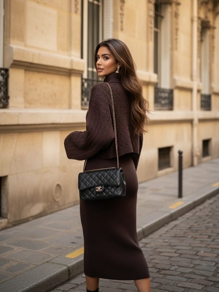 Dark Brown Knit Set with Cropped Sweater and Midi Skirt — Dressy Winter Outfits 2027