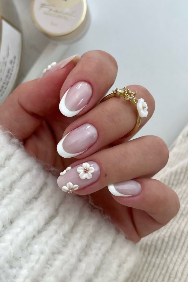 Medium Oval French With 3D Floral Accents — White Wedding Nails 2027