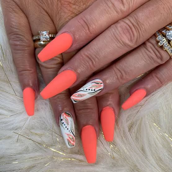 Matte Coral with Abstract Glitter Accents — Coral Coffin Nails 2027