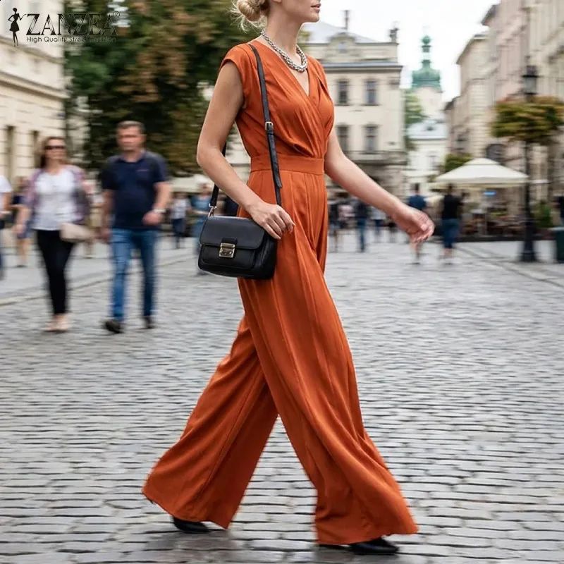 Burnt Orange V-Neck Jumpsuit with Wide Legs for Work Commute Burnt Orange V-Neck Jumpsuit with Wide Legs for Work Commute — Sleeveless Jumpsuit Outfits 2027