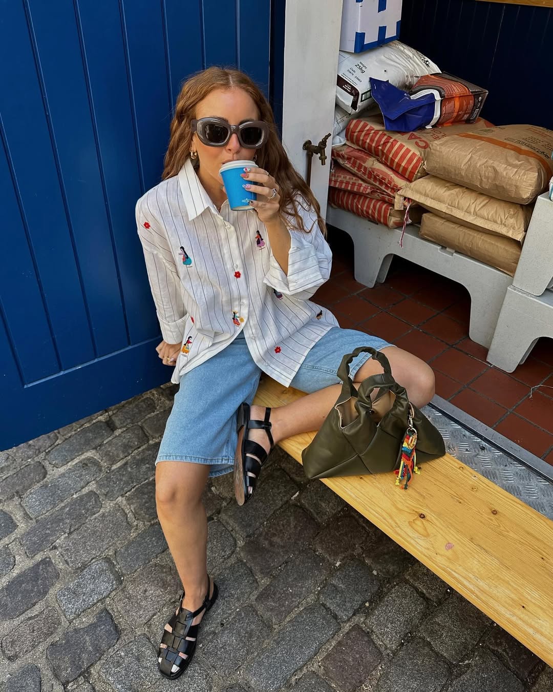 Light Wash Jorts with Embroidered Shirt and Fisherman Sandals Light Wash Jorts with Embroidered Shirt and Fisherman Sandals — Jorts Outfits 2027