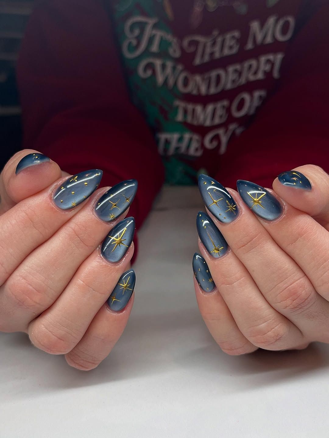 Matte Blue-Grey with Gold Star Constellations Matte Blue-Grey with Gold Star Constellations — Cat Eye Nails 2027