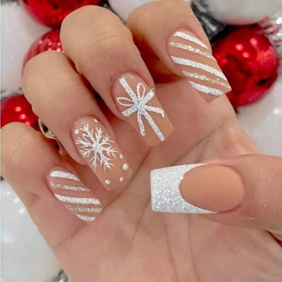 Detailed White Bow Design Visual Idea — White Christmas Nails 2026