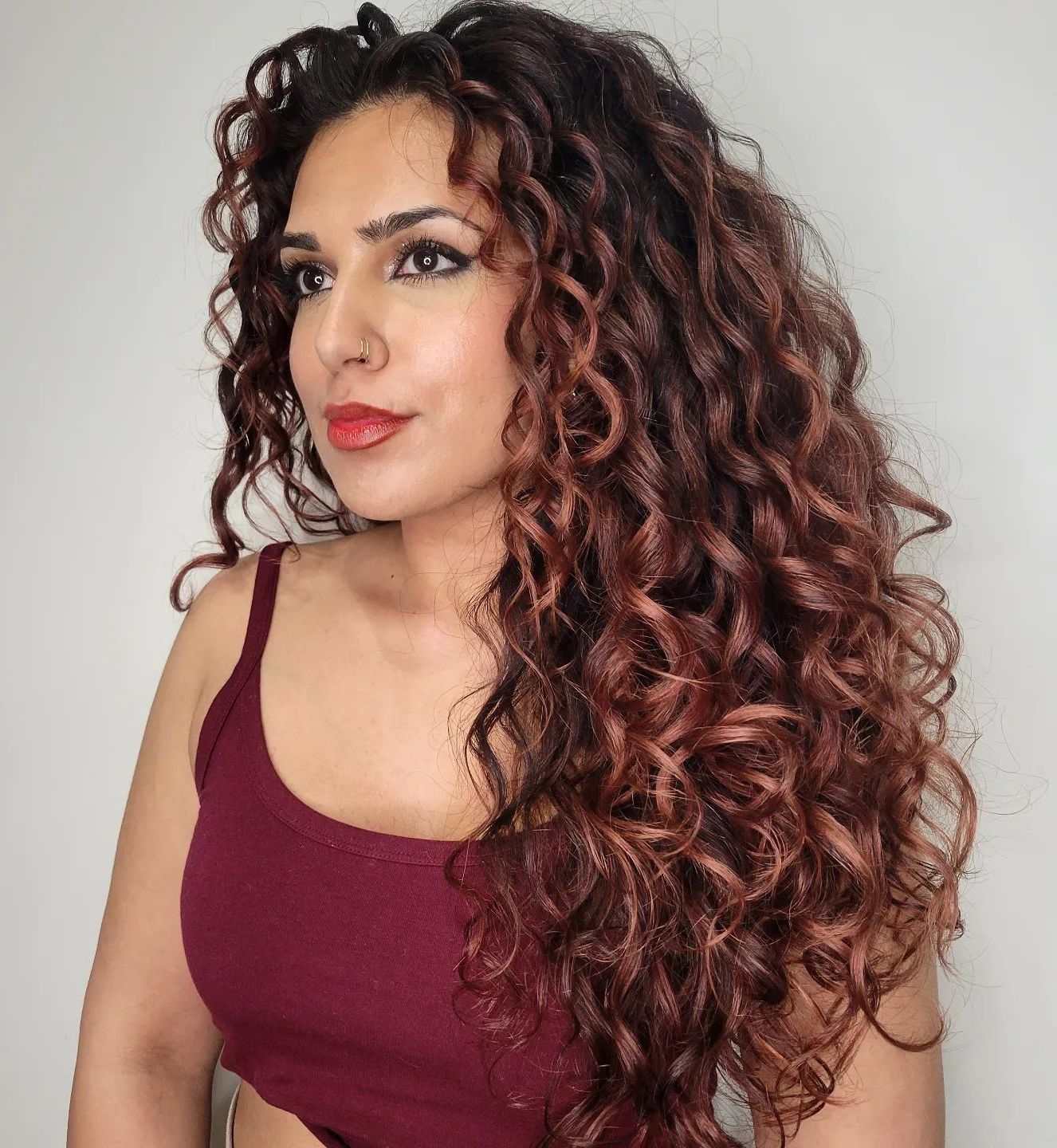 Mid-Back Dark Brown With Auburn/Rose Gold Mid-Back Dark Brown With Auburn/Rose Gold — Hair Color 2027 for Curly Hair