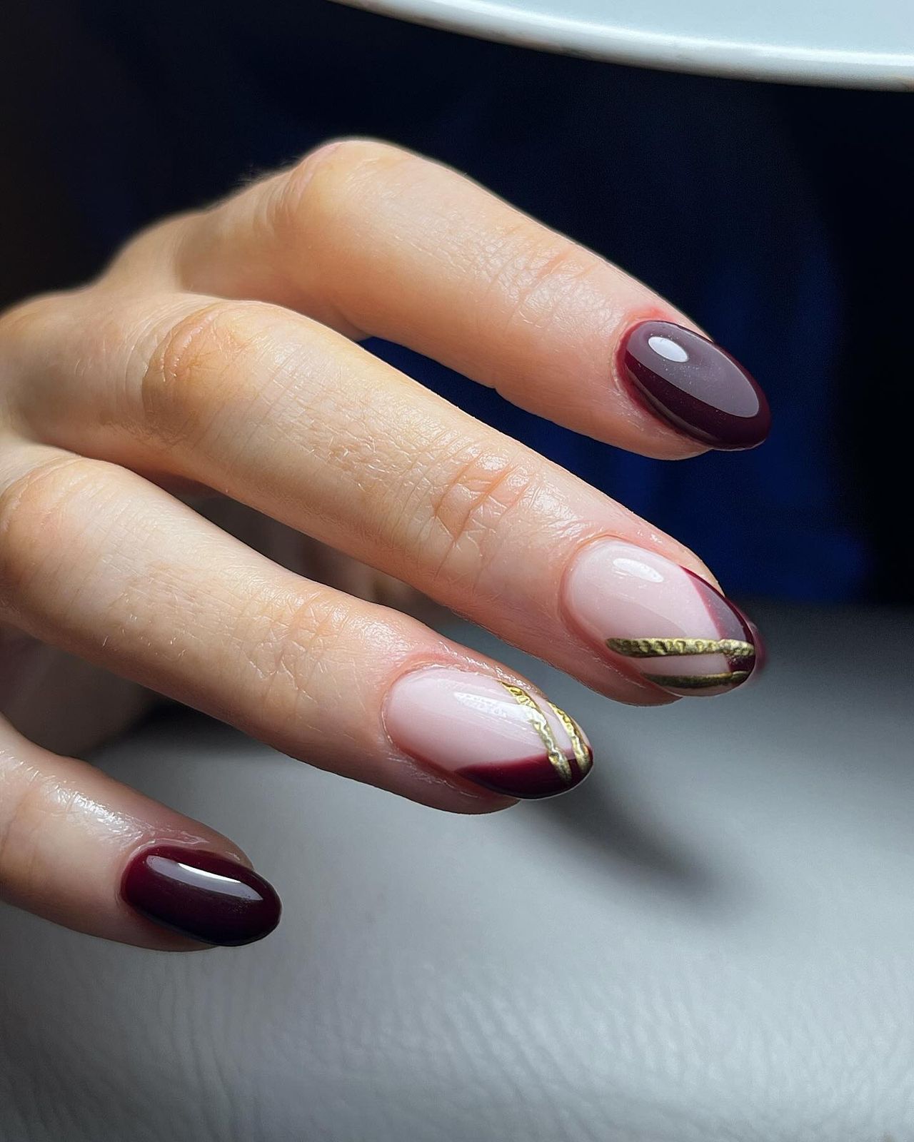 Burgundy Sheer Pink With Gold Stripes — Burgundy Nails 2027