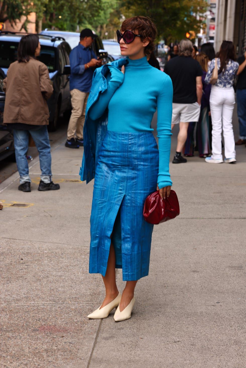 Vibrant Blue Turtleneck with Patent Pencil Skirt — Turtleneck Outfits 2027