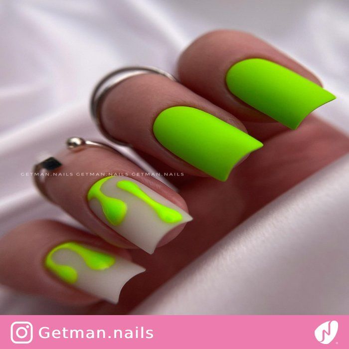 Neon Yellow Drip Art On Accent Nails Visual Idea Neon Yellow Drip Art On Accent Nails Visual Idea — Neon Matte Nails 2027