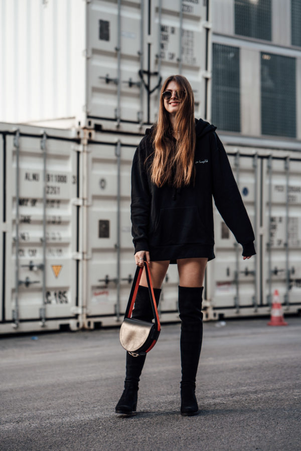 Black Oversized Hoodie Dress with Over-the-Knee Boots — Sweatshirt Dress 2027