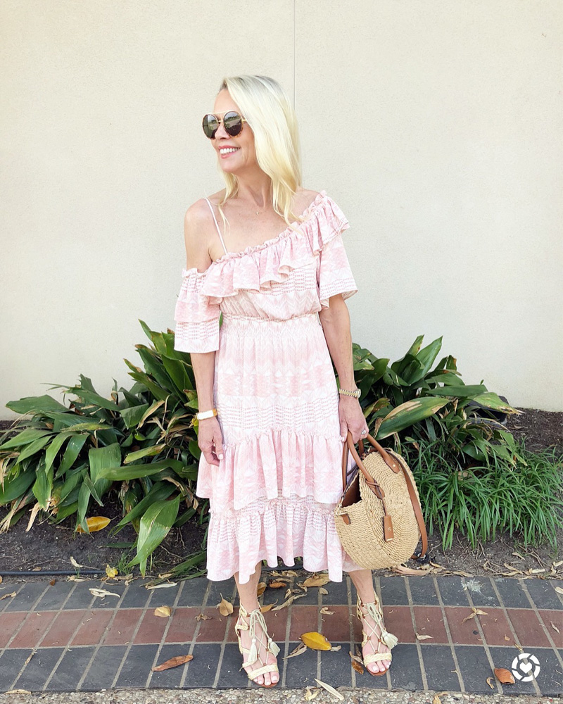 Asymmetrical Ruffles: Pink and White Patterned Midi Dress — Mothers Day Brunch Outfits 2027
