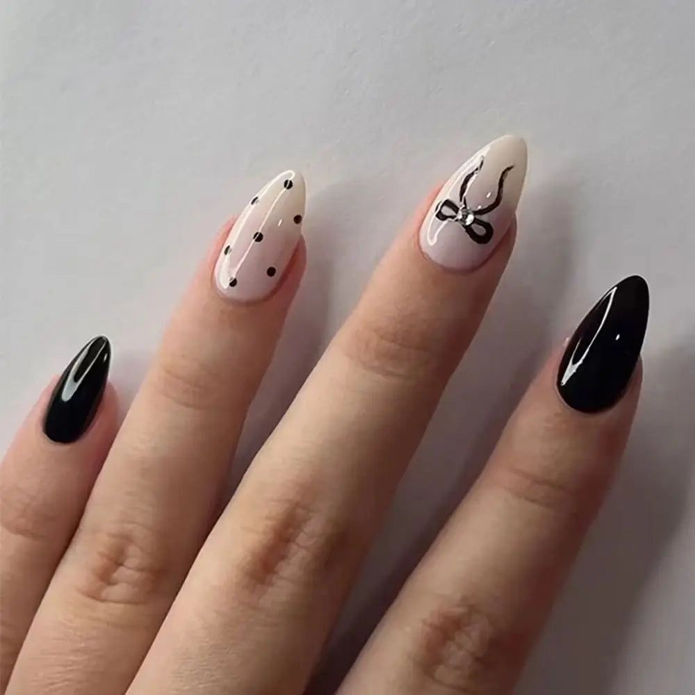 Sheer Nude Black Bow Almond Nails — Black Bow Nails 2027