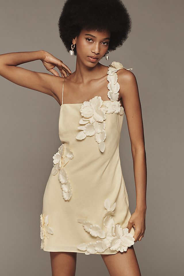 Pale Yellow Silk Mini Dress with Cascading Shoulder and Hem Florals — 3D Floral Outfits 2027