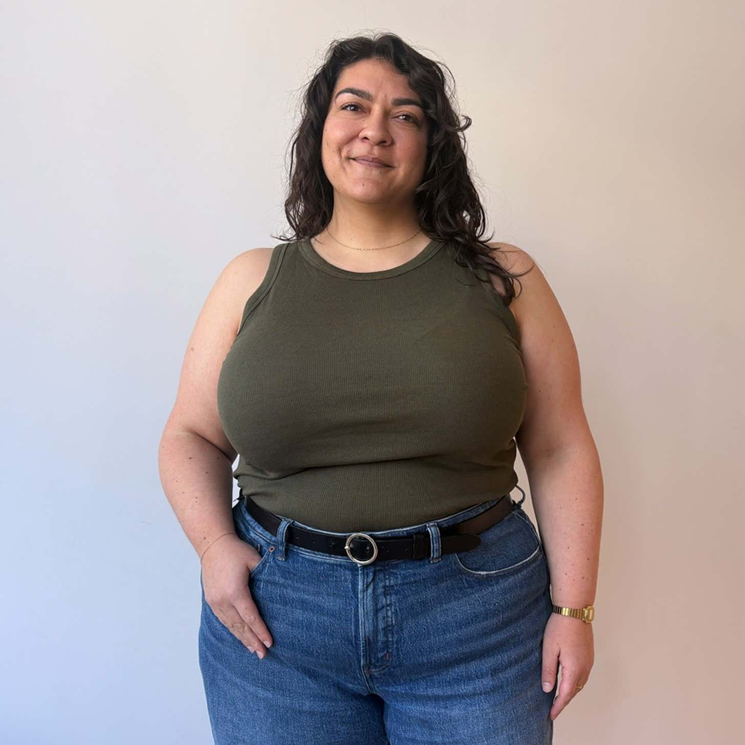 Monochromatic Green Tank with Blue Jeans and Black Belt — Tank Top Outfits 2027