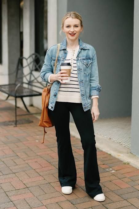 Blue Denim Jacket with Striped Top and Flared Pants — Denim Jackets 2027