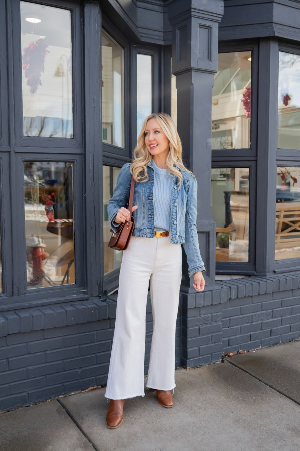 Cropped Denim Jacket with Wide-Leg White Jeans Cropped Denim Jacket with Wide-Leg White Jeans — Chilly Spring Outfits 2027
