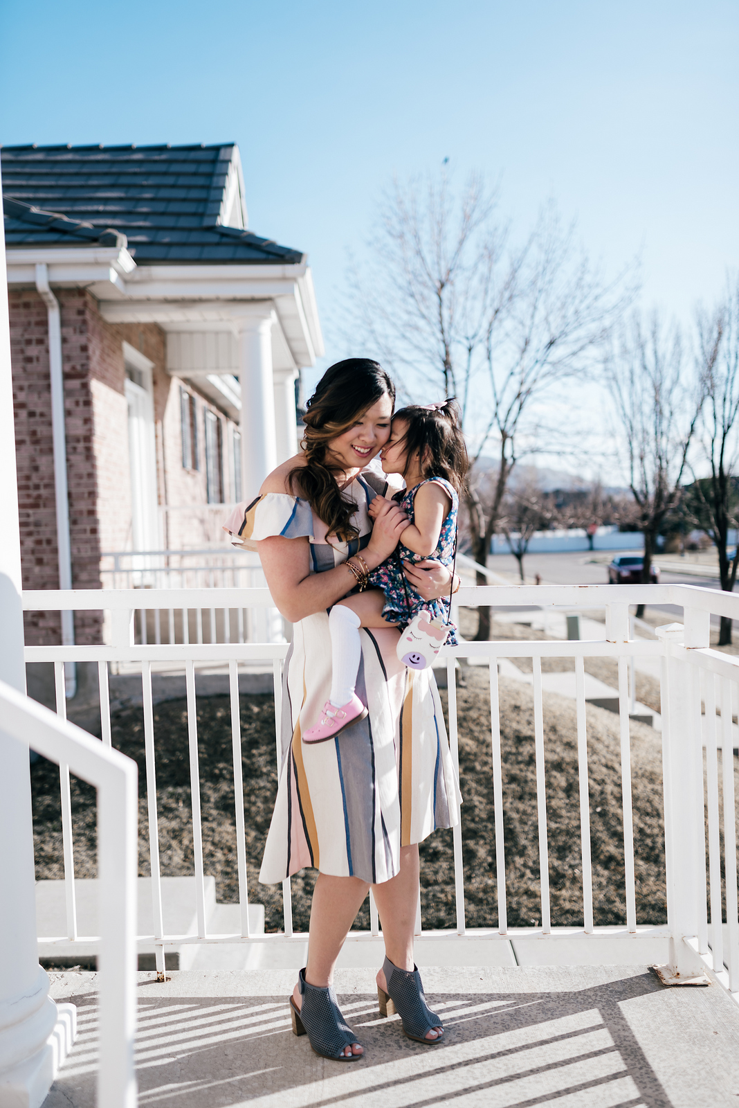 Striped Off-the-Shoulder Dress and Blue Floral for a Chic Spring Balance — Easter Family Photo Outfits 2027