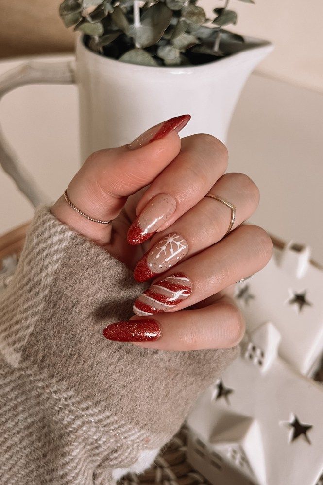 Holiday Almonds Red Glitter French Candy Cane Holiday Almonds Red Glitter French Candy Cane — Sparkly Holiday Nails 2026