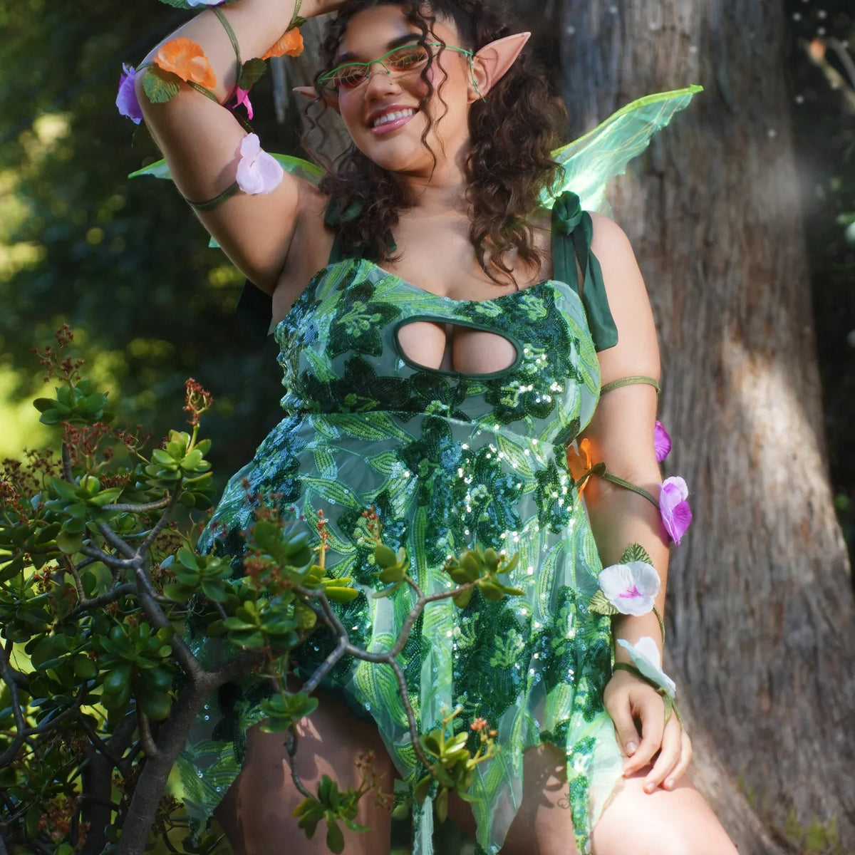Sparkling Green Sequined Mini Dress with Elf Ears — Fairycore Outfits 2027