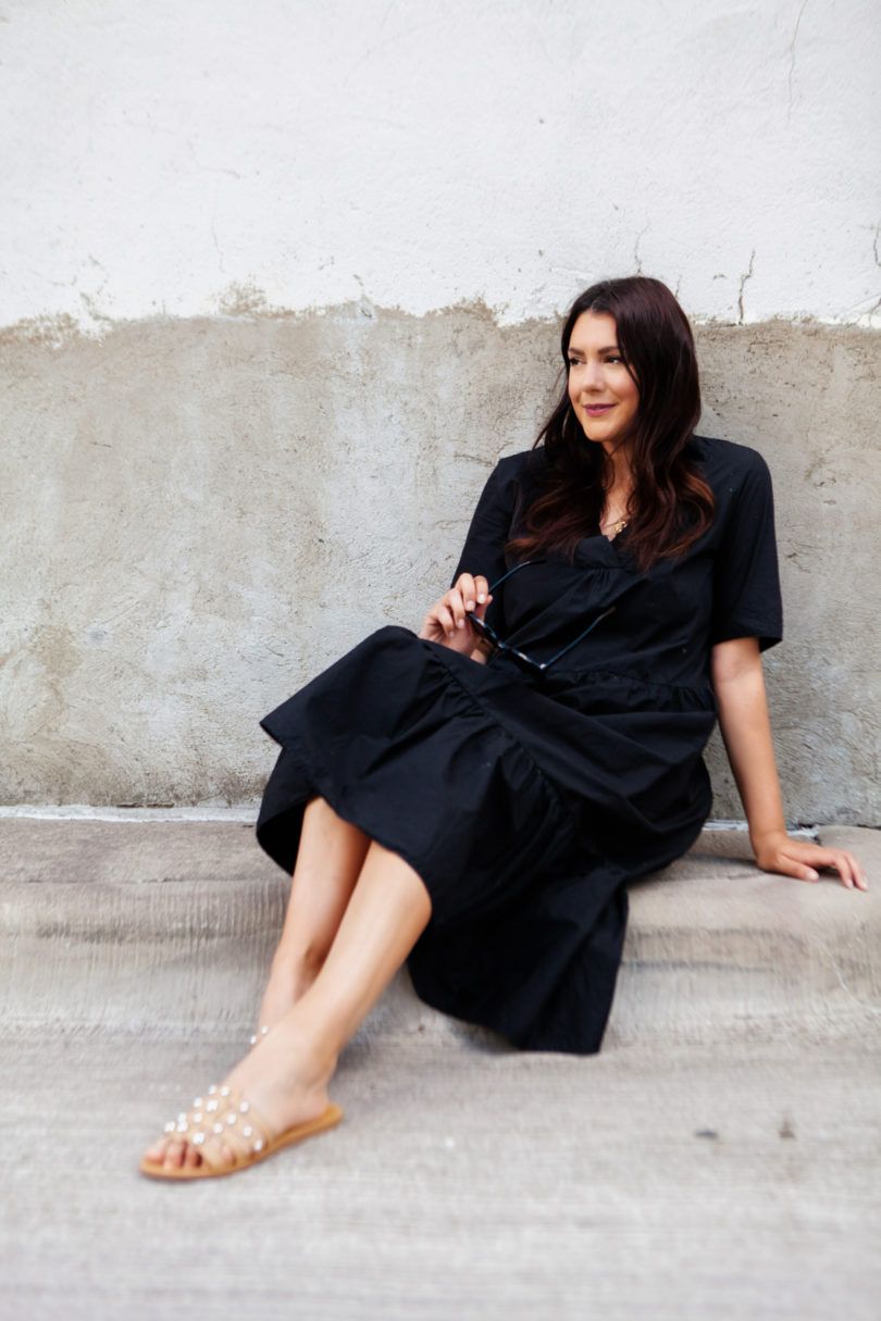 Likely Cotton Or A Blend Relaxed Black Tiered Midi Dress with Embellished Sandals Likely Cotton Or A Blend Relaxed Black Tiered Midi Dress with Embellished Sandals — Little Black Dress Outfits 2027