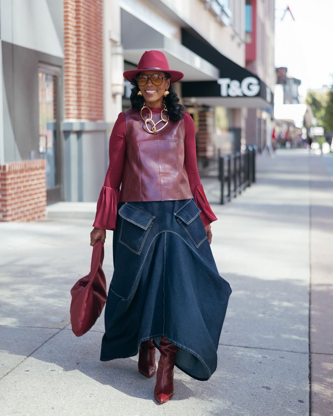 Denim Maxi Cargo Skirt with Bold Red Accessories — Cargo Skirts 2027