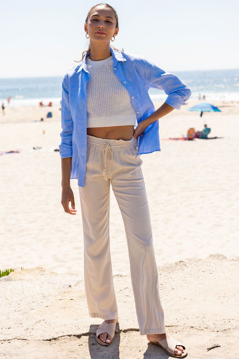 Light Blue Linen Shirt Over White Crop Top Light Blue Linen Shirt Over White Crop Top — California Outfits 2027