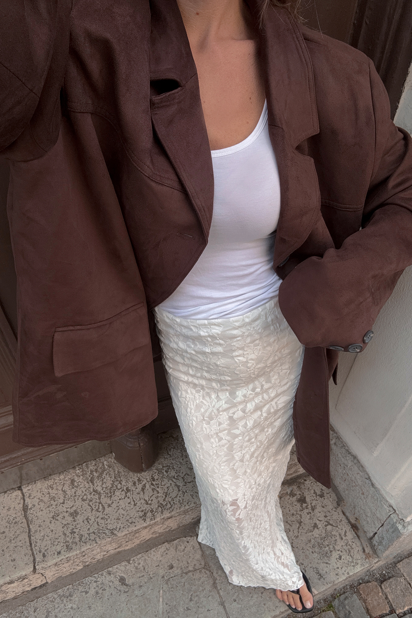 Textured Contrast: Lace Skirt with Suede Blazer — Lace Skirt Outfits 2027
