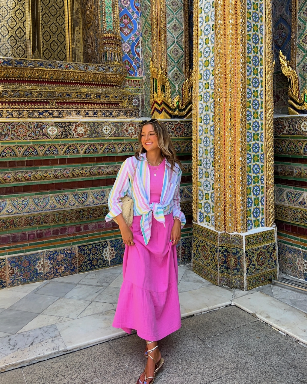 Pink Maxi Dress with Striped Shirt Tie for Daytime Travel Pink Maxi Dress with Striped Shirt Tie for Daytime Travel — Thailand Outfits 2027