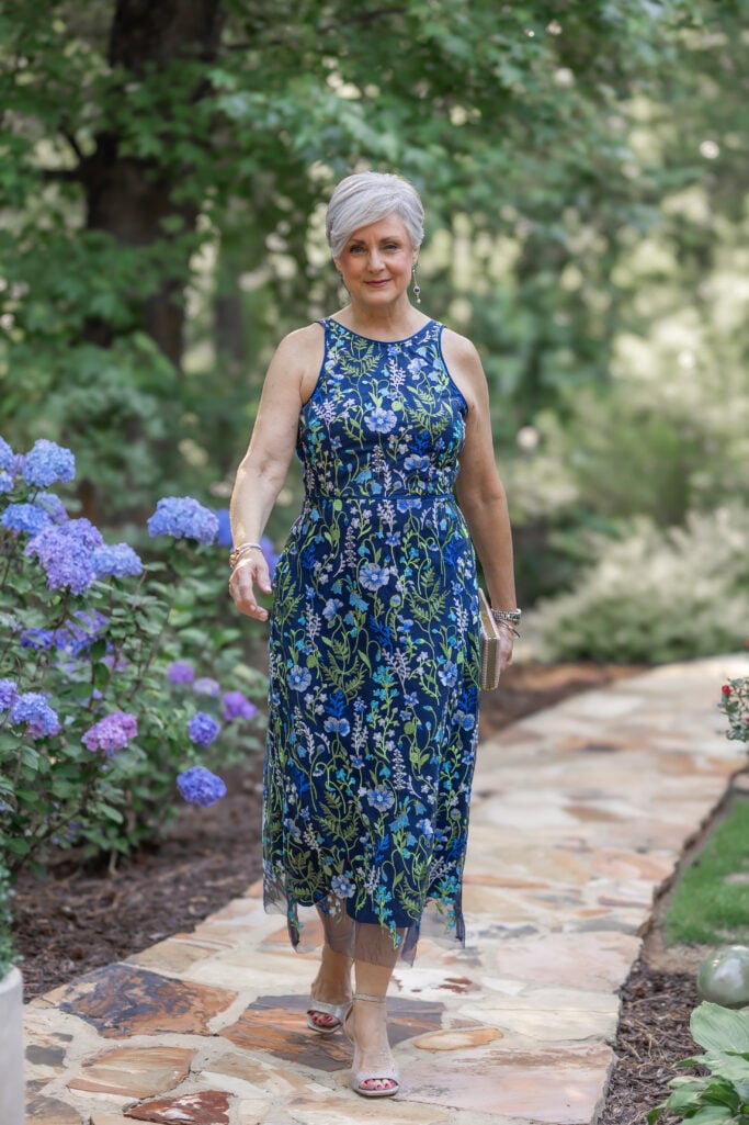 Navy Blue Embroidered Midi Dress with Sheer Hem — Summer Wedding Outfits 2027
