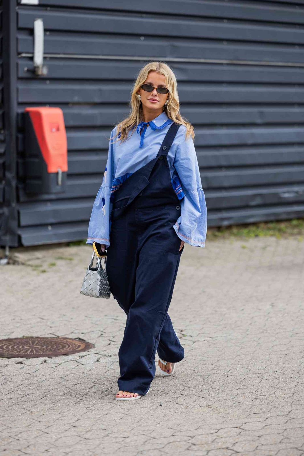 Navy Wide-Leg Overalls with a Bell-Sleeved Shirt and White Sandals Navy Wide-Leg Overalls with a Bell-Sleeved Shirt and White Sandals — Overalls 2027