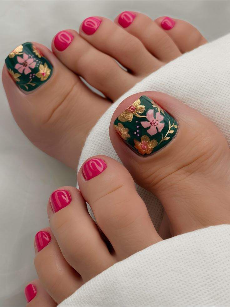 Dark Green Floral Gold Accent Toes Dark Green Floral Gold Accent Toes — Vacation Toe Nails 2027