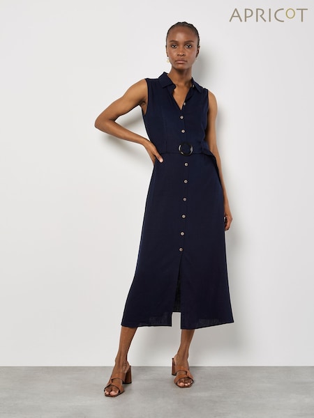 Navy Sleeveless Button-Up Dress with Ring Buckle Belt Navy Sleeveless Button-Up Dress with Ring Buckle Belt — Button Up Dress 2027